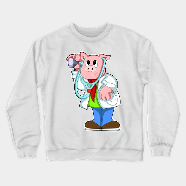 Pig as Doctor with Stethoscope Crewneck Sweatshirt by Markus Schnabel